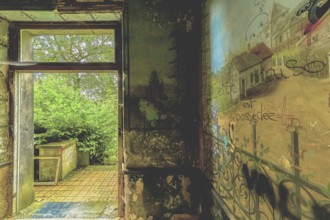 An abandoned room with dilapidated walls and an open door leading to nature, Château d'Ah, Lost