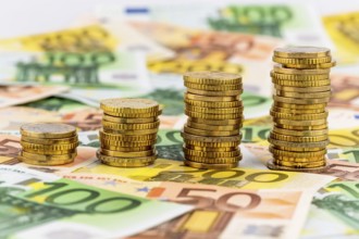 Stack of coins, rising curve, symbolic photo for rising profits and also rising costs Austria
