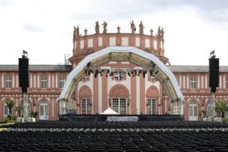 Wiesbaden, Germany - July 14, 2016: A concert stage set up with rows of seats for a classical