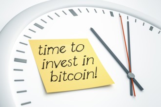 3D illustration of a bright clock with a sticky note and the message time to invest in bitcoin