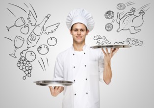 Sexy young waitress in a restaurant serving silver trays with sketchy food and drinks to customers