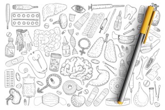Medical recovery elements doodle set. Collection of hand drawn drugs treatment heating pad,