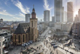 Frankfurt city centre near Hauptwache with St. Catherine's Church, skyline in the background at