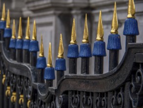 Close-up of an ornate iron fence with blue and gold spikes, Hoorn, Netherlands