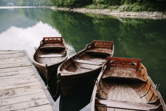 Row of boats on the lake in the Biogradska Gora park. Montenegro.