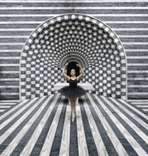 Ballerina in a black tutu poses in front of modern, stripe-patterned, symmetrical granite