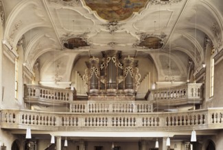 Volkach on the Main. Parish church of St. Bartholomew from 1413, baroqueised from 1727. View of the