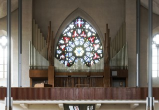 Interior facing west with organ loft and west window, St., Sankt, Saint