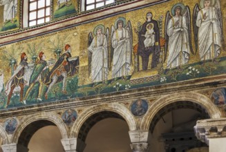 Mosaics on the side of the nave in Basilica of Sant Apollinare Nuovo, Ravenna. Italy