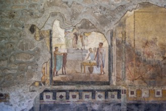 POMPEII, ITALY, MAY 04, 2022, Scenic painting of Roman inhabitants in a fresco of an ancient Roman
