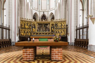 Schwerin, Germany, August 2, 2019: Interior view of Cathedral. Altar. It is an Evangelical Lutheran