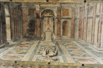 Vatican Museums, Vatican City, Vatican, Rome, Lazio, Italy, An impressive fresco shows a cross in