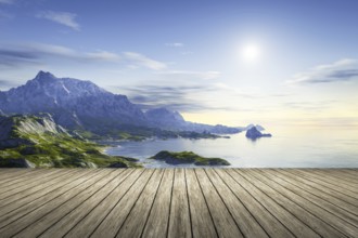 3d rendering of a wooden jetty with a beautiful scenery