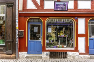 Picturesque view of the historic town Marburg in Germany with beautyful old houses and shops