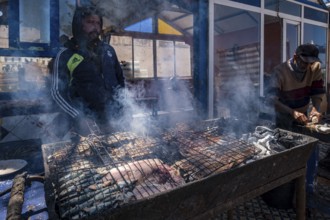 Outdoor fish of the day restaurant, fishing port, Essaouira, morocco