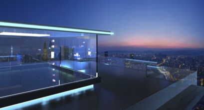 3D rendering of a modern glass balcony with city skyline real photography background, early morning
