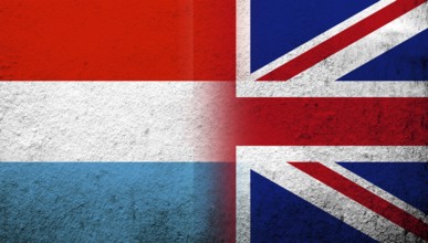 National flag of United Kingdom (Great Britain) Union Jack with Luxembourg National flag. Grunge