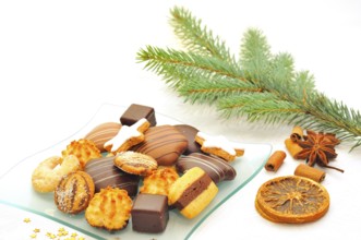 Christmas cookies on a glass plate. Christmas biscuits with decoration
