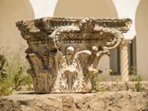 Detail of an ancient stone sculpture in the sun in front of a white building, Tunis, Tunisia