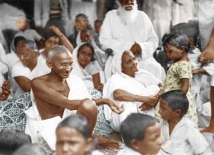 Mahatma and Kasturba Gandhi with Harijan children, Kathiawad, India, Asia, July 1, 1934