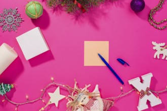 Christmas mock up template. View from above. pink background