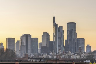 View over the river Main with a modern skyline in the background in the evening, at sunset.