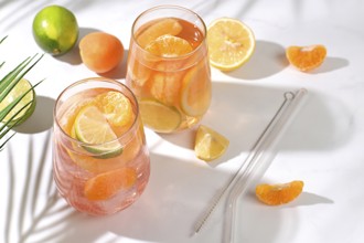 Summer party and healthy lifestyle advertising banner, diet vegan cocktail with chia seeds, lime,