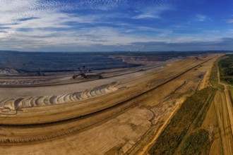 Panoramic view of Hambach surface mine and Hambach Forest, Germany. Drone photography