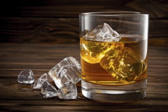 Closeup of glass with ice and whiskey on wooden background