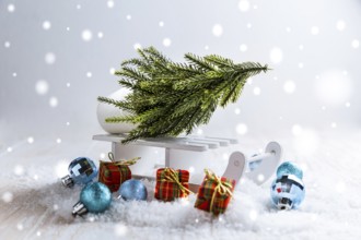 Snowy landscape with Christmas tree and small gifts on sleigh. Christmas decoration
