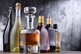 Composition with carafe and bottles of assorted alcoholic beverages