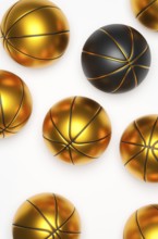 Many golden basketballs with a black basketball on a bright background, 3d rendering
