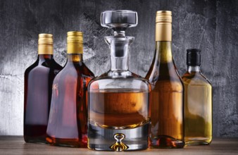 Composition with carafe and bottles of assorted alcoholic beverages
