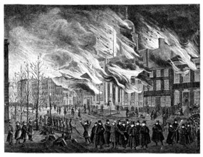 The Great Fire of New York in 1835. Vintage engraving from Harpers Monthly magazine 1881. by the