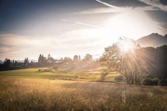 Scenic sunset view over meadow, hills and mountains