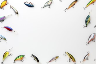 Flat lay colorful fish bait. Beautiful photo