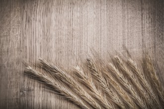 Golden wheat rye ears on wooden board horizontal version food and drink concept