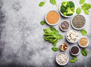 Top view of different vegan protein sources with space for text: beans, lentils, quinoa, tofu,