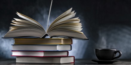 A composition with books and a cup of coffee