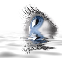 Blue female eye macro photography. Eyesight vision biometrics concept. Digital art effect of