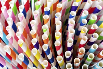 Colourful paper drinking straws on a white background