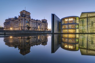 The famous Reichstag and Paul Löbe House on the Spree in Berlin after sunset