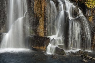 Waterfall Hraunfossar, river Hvita, Iceland, Europe