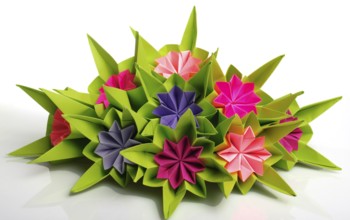 Origami bunch of various pink and violet flowers isolated on white