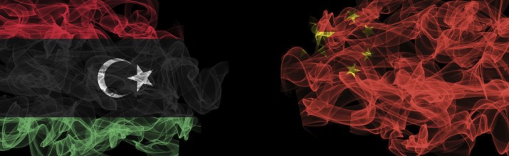 Flags of Libya and China on Black background, Libya vs China Smoke Flags