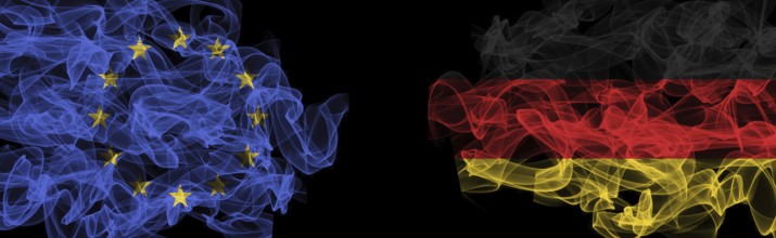 Flags of EU and Germany on Black background, EU vs Germany Smoke Flags
