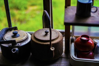 Many dishes placed on the windows. Shooting Location: Hokkaido Biei-cho