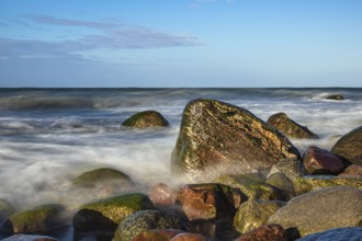 Stones on the Baltic Sea coast near Warnemünde on a stormy day