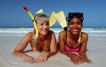 Two snorkellers on the beach, Punta Cana, Caribbean, Dominican Republic