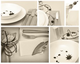 Restaurant set: creative table serving with spice, decoration and dishware